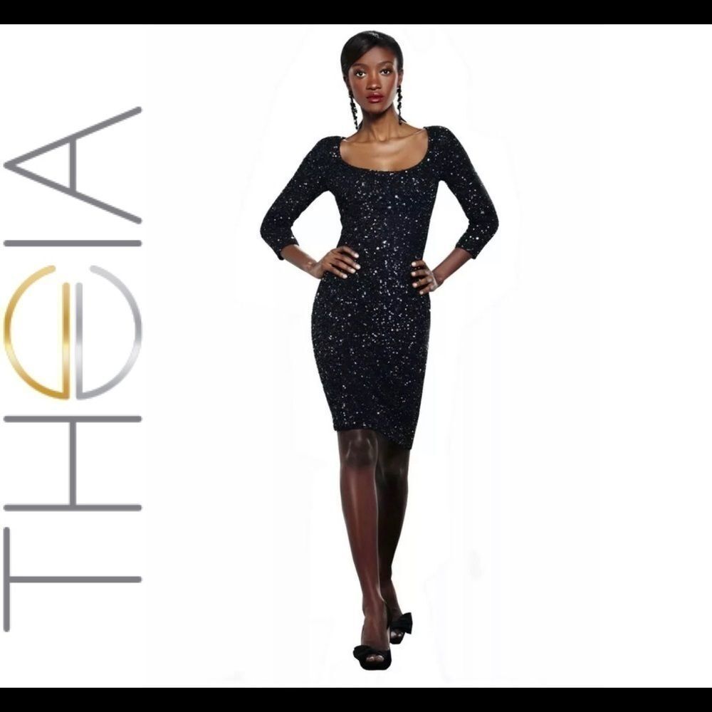 THEIA couture sequin sheath black dress sz 12